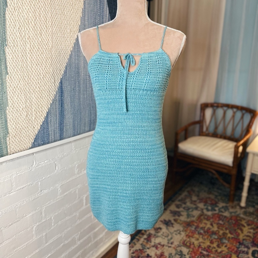 Olive + Oak Blue Crochet Halter Top Dress with Lining